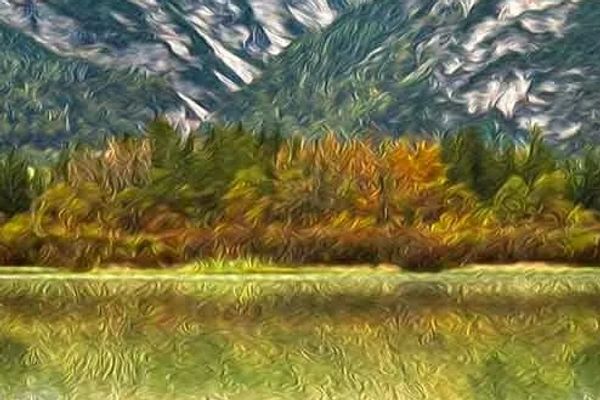 Impressionist-style painting of autumn trees with snow-capped mountains in the background.
