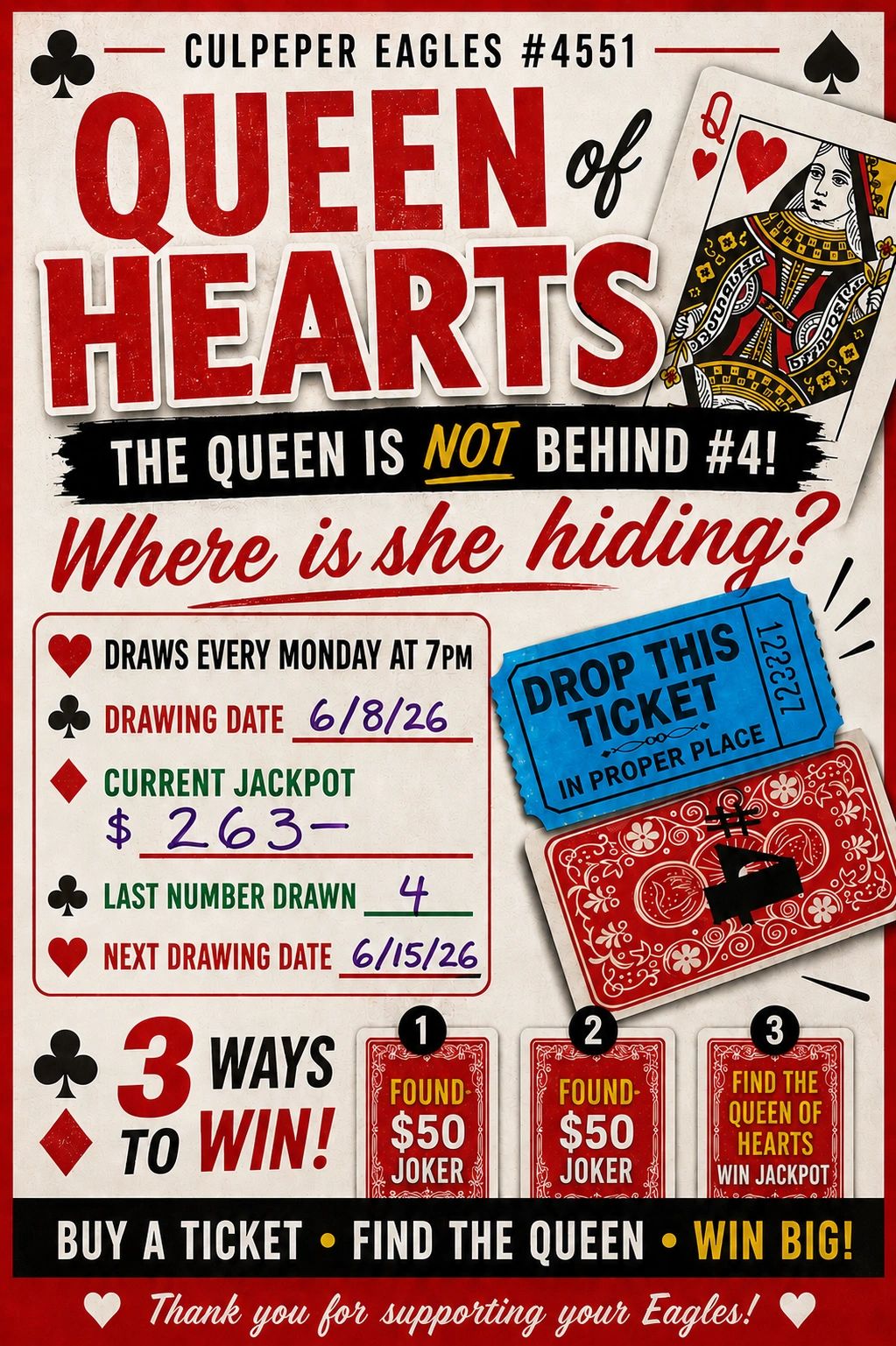 Lottery poster for Queen of Hearts game with jackpot details and drawing dates.