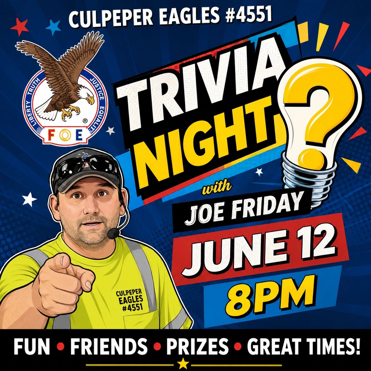 Trivia night event hosted by Joe Friday at Culpeper Eagles on June 12 at 8 PM.