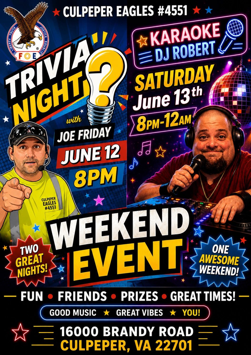 Weekend event with trivia night and karaoke at Culpeper Eagles #4551.