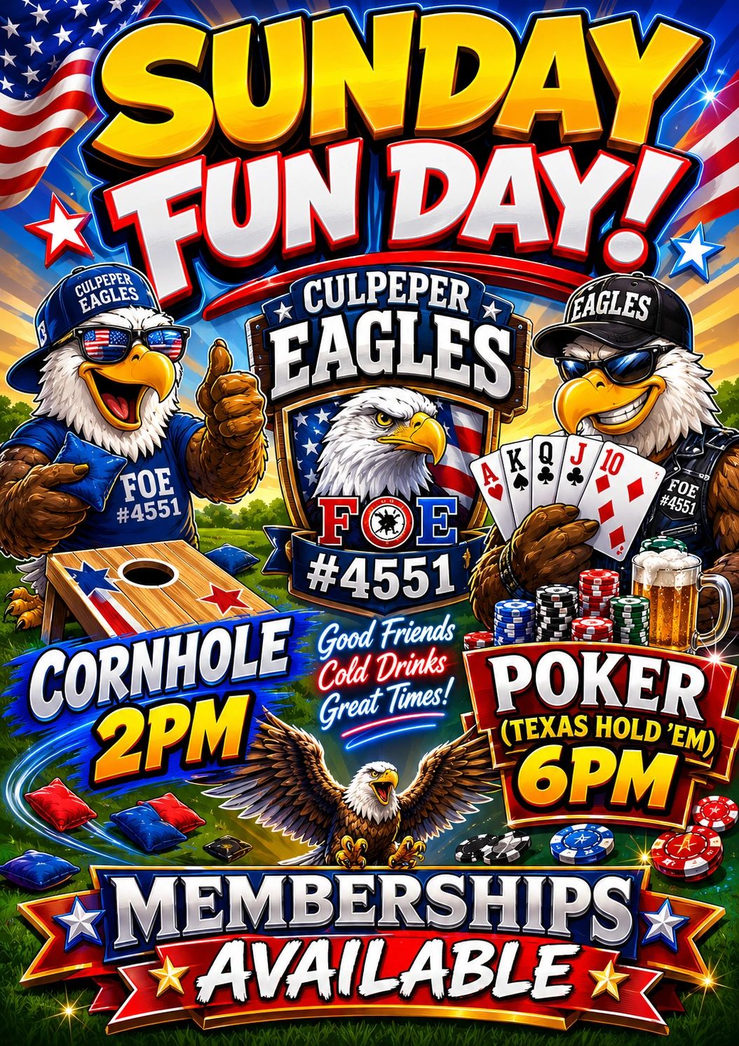 Sunday Fun Day event with cornhole at 2PM and poker at 6PM hosted by Culpeper Eagles FOE #4551.