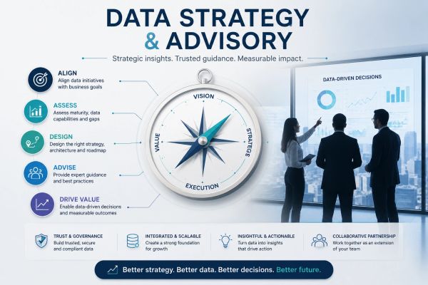 Data strategy and advisory process with key steps and benefits.