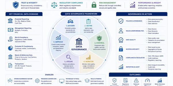 Overview of data governance framework and key financial data domains.