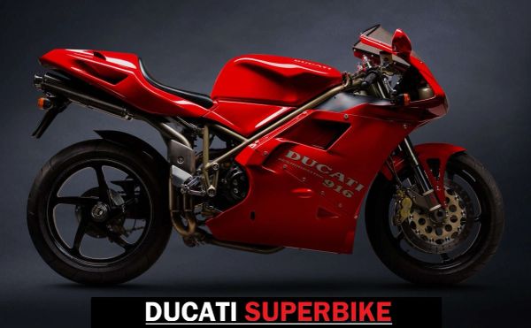 Red Ducati superbike motorcycle on black background.