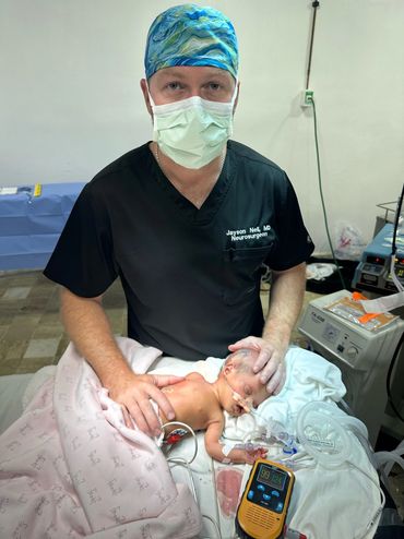 Premature infant with life-saving shunt placement for hydrocephalus.