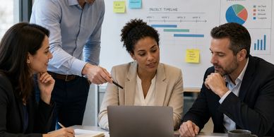 Colleagues discussing work around a laptop in an office.