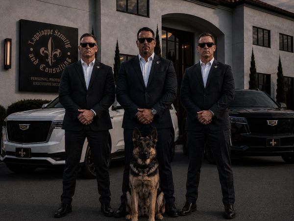 Three security agents and a dog stand guard in front of two luxury SUVs.