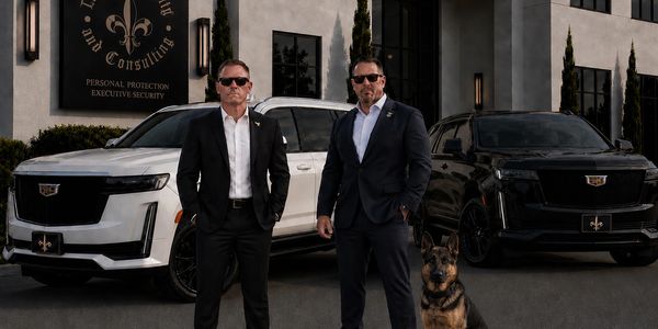 Two men in suits with sunglasses stand in front of black and white Cadillac SUVs, accompanied by a German Shepherd dog.