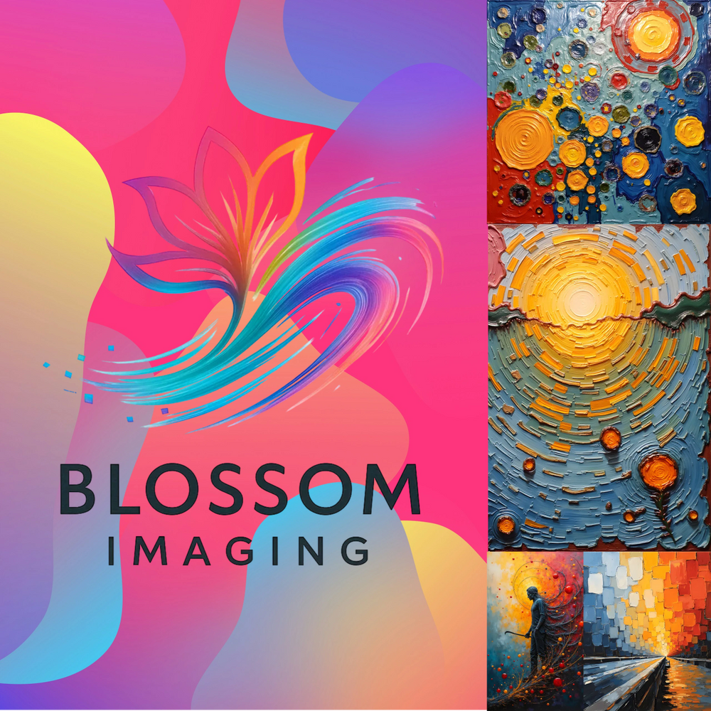 Colorful Blossom Imaging logo with vibrant abstract art on the right.