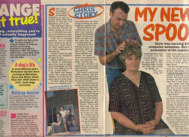 Man playfully styling a woman's hair in a magazine article about psychic experiences.