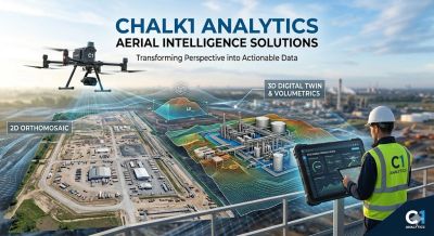 Engineer uses drone analytics for industrial site data visualization.