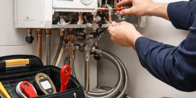 Technician repairing a boiler system.
