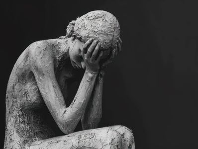 Sculpture of a person with head in hands, expressing sorrow.