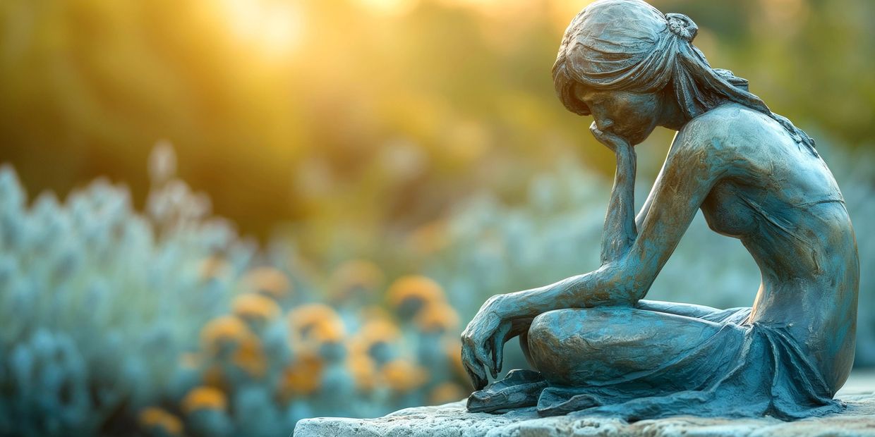 A bronze statue of a pensive woman sitting outdoors in soft sunlight.