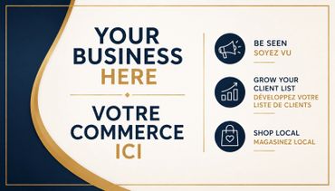 Business advertisement template in English and French promoting visibility, client growth, and local shopping.