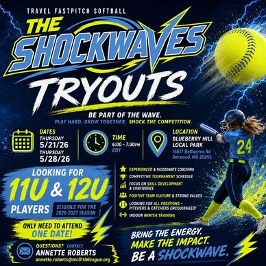 Shockwaves fastpitch softball tryouts flyer with dates and contact info.