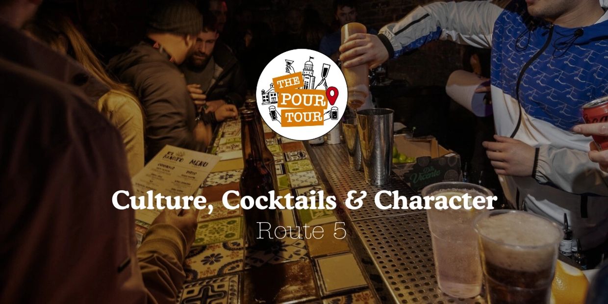 People enjoying cocktails at a lively bar, promoting The Pour Tour Route 5.
