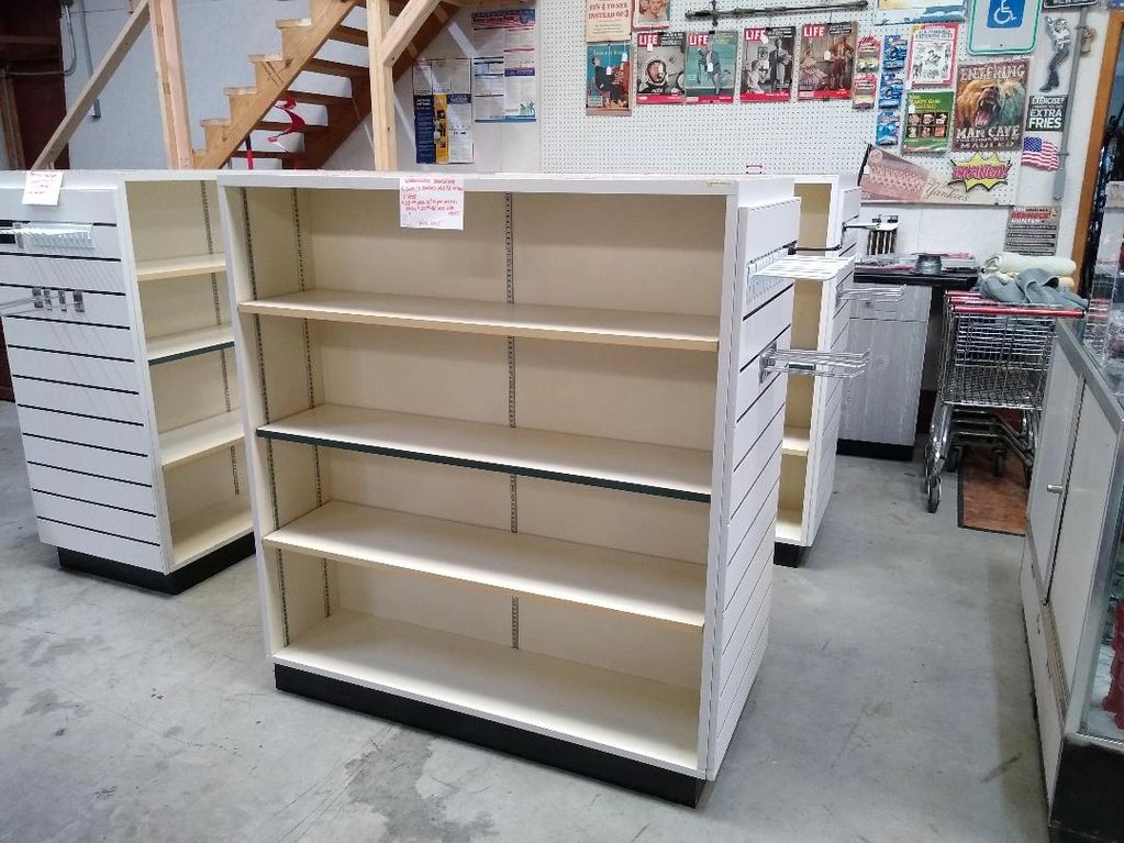 Shelving units available to rent in the main space.