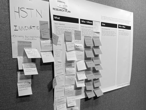 Research plan board with sticky notes and handwritten ideas.