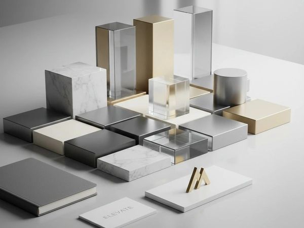 Geometric blocks and shapes in metallic, marble, and transparent finishes arranged on a gray surface.