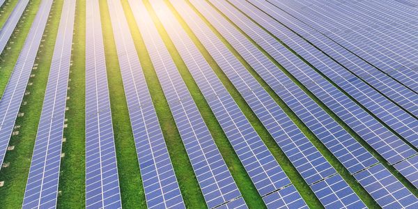 A large solar farm with rows of solar panels under sunlight.