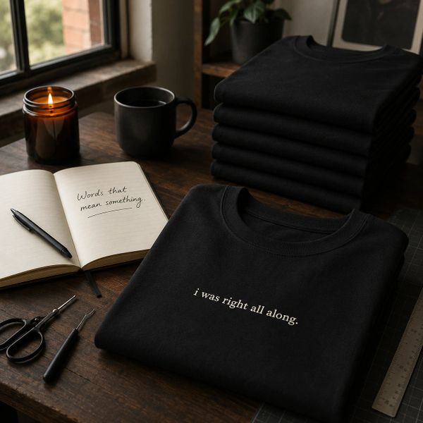 Black t-shirts with "i was right all along." printed, beside a lit candle and journal.