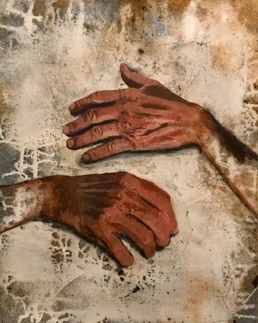 "D'Händ vo mim Papi"
Machart: Acrylcollage
Masse: Leinwand  40 x 50m
Privatbesitz