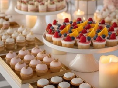 Variety of elegant mini desserts on display.