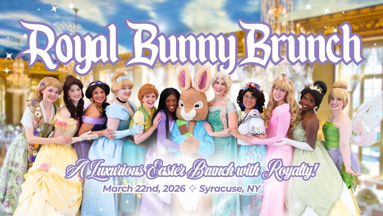 Group of princesses and a bunny mascot promoting a Royal Bunny Brunch event.