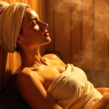 Lady using our Cedar wood steam cabin