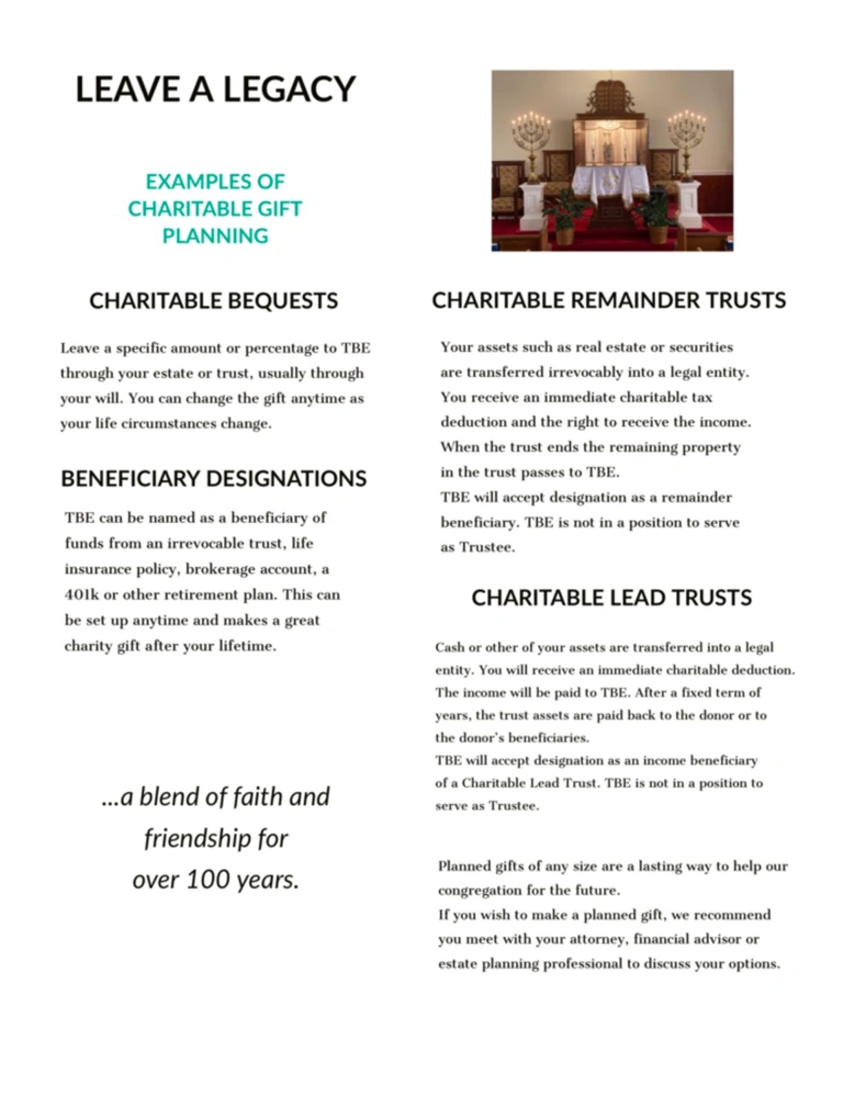 Informative flyer on charitable gift planning options with a religious image of a sanctuary altar.