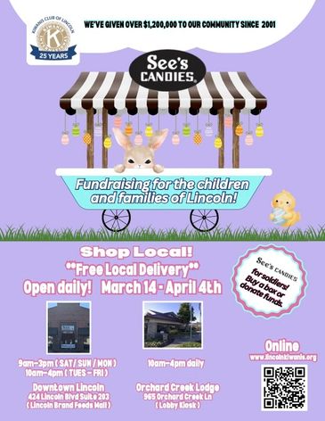 See's Candies fundraiser supporting Lincoln families with local delivery and daily shop hours.