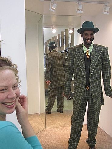 Chicago costume designer Janice Pytel at Fox Brother's Tailors Inc in Chicago fitting a zoot suit
