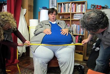 Chicago costume designer Janice Pytel working on custom fat suit with Kate Murphy of Chicago Custom