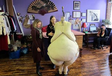 Chicago costume designer Janice Pytel working on custom fat suit with Kate Murphy of Chicago Custom