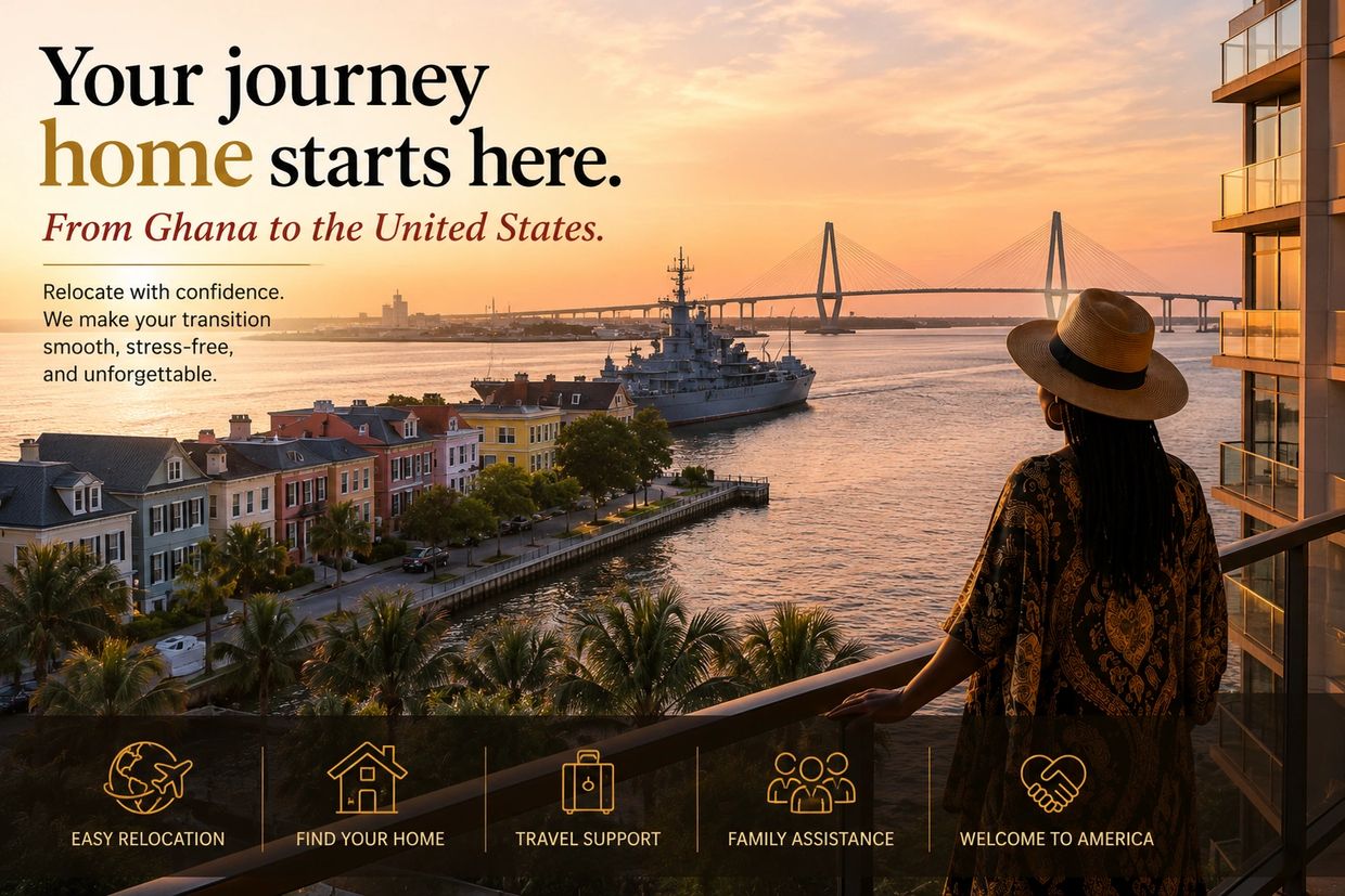 Woman overlooks a waterfront city at sunset, promoting relocation from Ghana to the US.