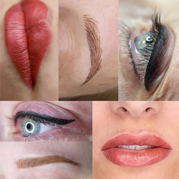 Permanent Makeup collage showing Lip Blush, nano brows, powder brows, permanent eyeliner