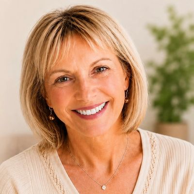 Smiling woman with short blonde hair indoors.