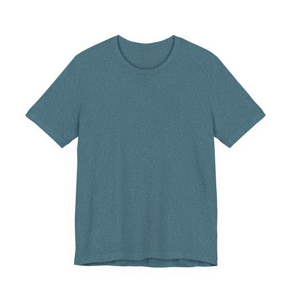 Plain blue heathered T-shirt with short sleeves and round neckline.