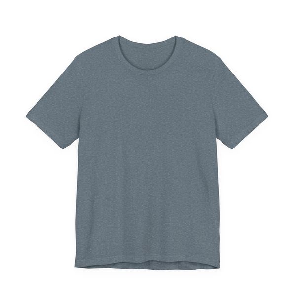 Plain heather blue crew neck t-shirt with short sleeves.