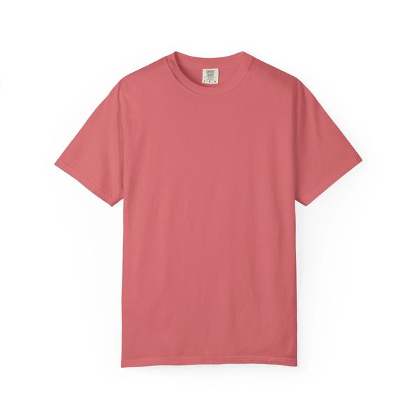 Plain coral-colored short-sleeve t-shirt on a white background.