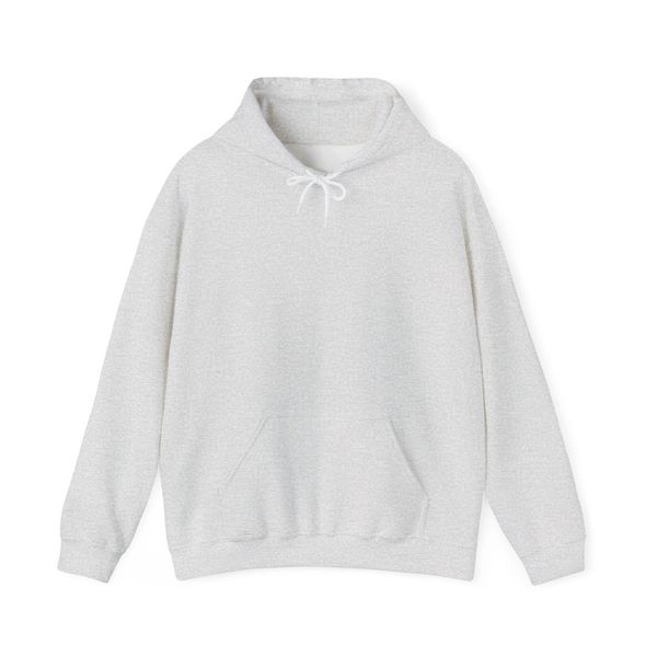 Plain light gray hoodie with front pocket and drawstring hood.