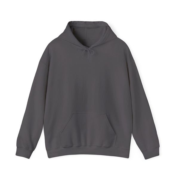 Plain dark gray hoodie with a front pocket and drawstring hood.
