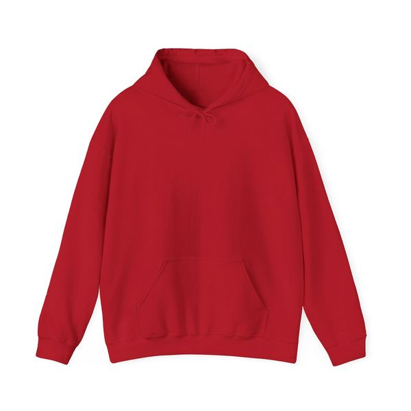 Plain red hoodie with front pocket and drawstring hood.