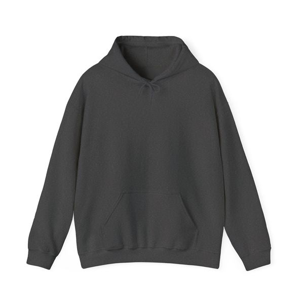 Plain dark gray hoodie with front pocket and drawstring hood.