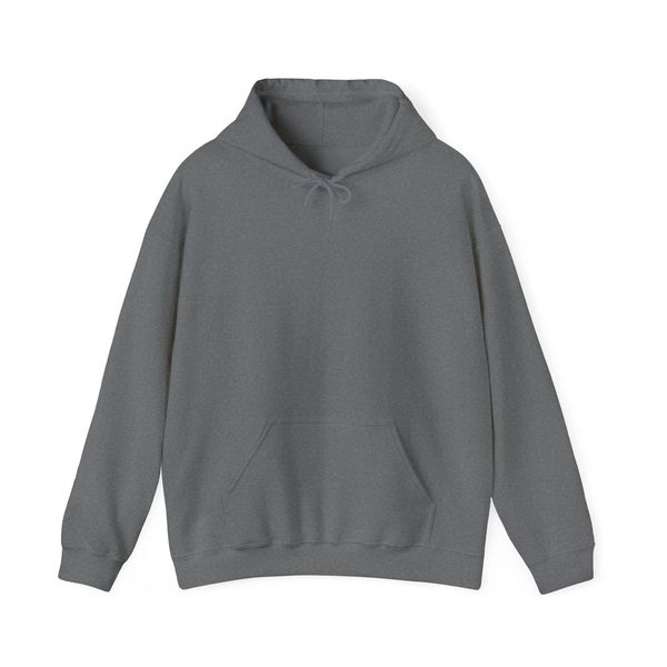 Plain gray hoodie with front pocket and drawstring hood.