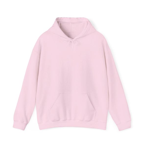 Light pink hoodie with front pocket and drawstring hood.