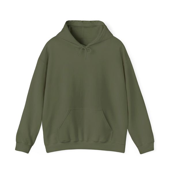 Plain olive green hoodie with front pocket and drawstrings.