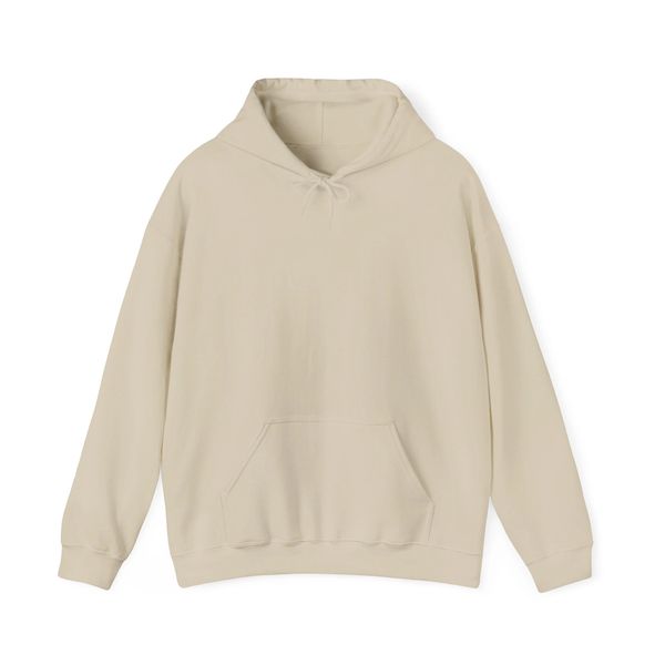 Minimalist beige hoodie with kangaroo pocket and drawstring hood.