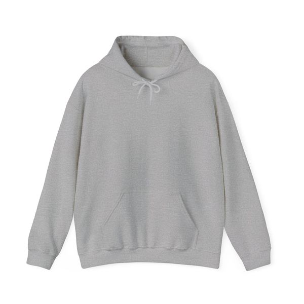 Plain gray hoodie with a front pocket and drawstring hood.
